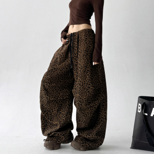 宽松显瘦加绒阔腿裤 时尚 新款 女2025冬季 潮高腰系带豹纹直筒休闲裤