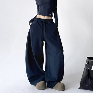 抽绳腰加绒加厚重磅休闲裤 新款 女2025冬季 极简风藏青色阔腿卫裤