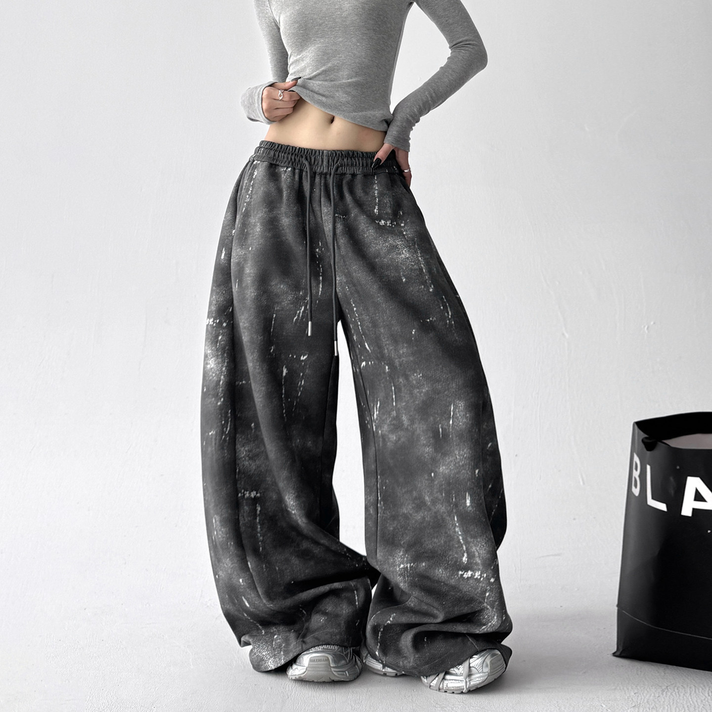 灰色扎染脏脏裤女2025新款高腰显瘦街舞阔腿裤高个子休闲运动裤,女装/女士精品,休闲裤,淘宝优惠券,粉丝福利购,淘宝优惠卷