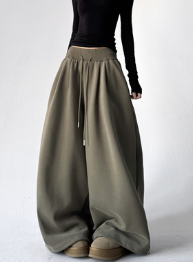 慵懒风高腰抽绳阔腿裤女2025冬装新款加绒宽松垂感弯刀裤休闲长裤