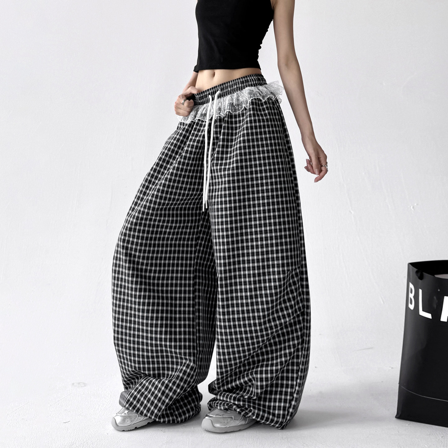 2025夏季新款女装格子裤女高腰显瘦宽松休闲裤百搭阔腿裤长裤子,女装/女士精品,休闲裤,淘宝优惠券,粉丝福利购,淘宝优惠卷