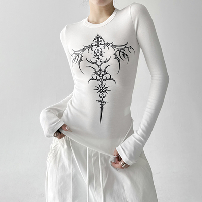 美式高街辣妹十字架白色短袖t恤女秋冬2025新款修身显瘦收腰上衣