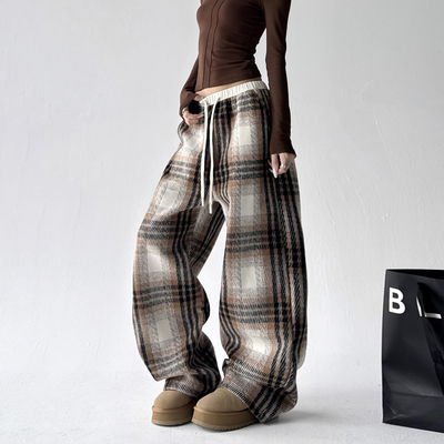 2025冬装新款毛呢格子加绒裤女冬季加厚宽松高个子直筒阔腿休闲裤