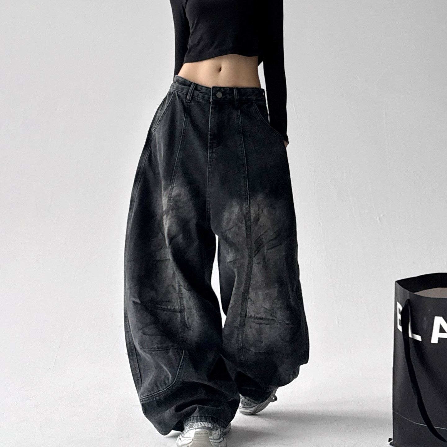 2025韩系街头感牛仔裤女随性弧形拼接设计廓形百搭宽松弯刀休闲裤,女装/女士精品,牛仔裤,淘宝优惠券,粉丝福利购,淘宝优惠卷