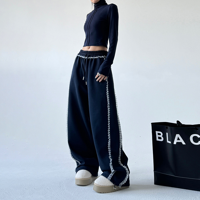 蕾丝边高腰宽松阔腿裤