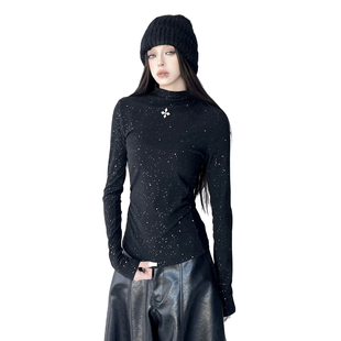 黑色复古半高领亮片长袖T恤女2025冬装新款黑色修身外传内搭上衣