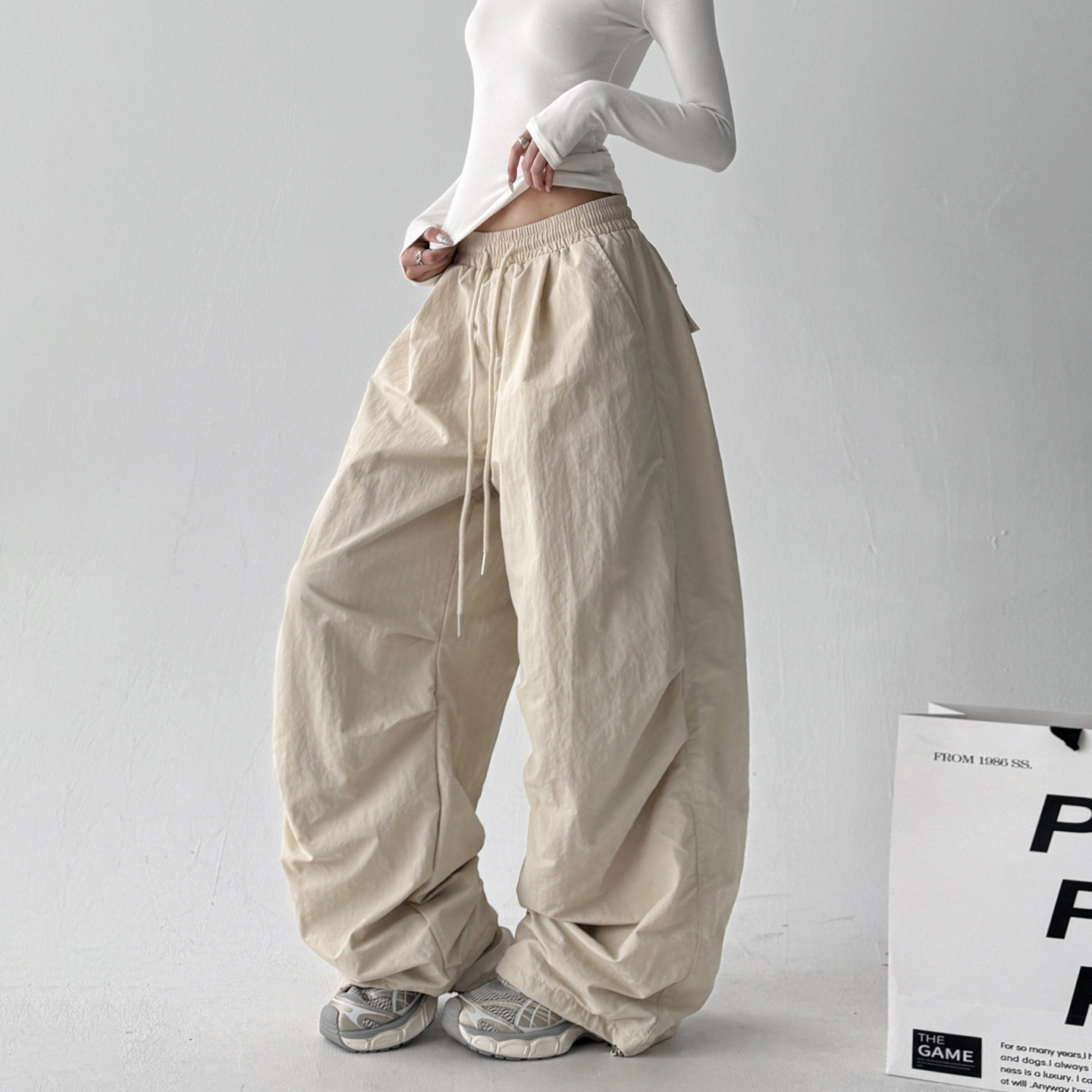 2025秋冬装新款宽松弯刀裤女冬加绒高个子廓伞兵运动滑雪裤阔腿裤