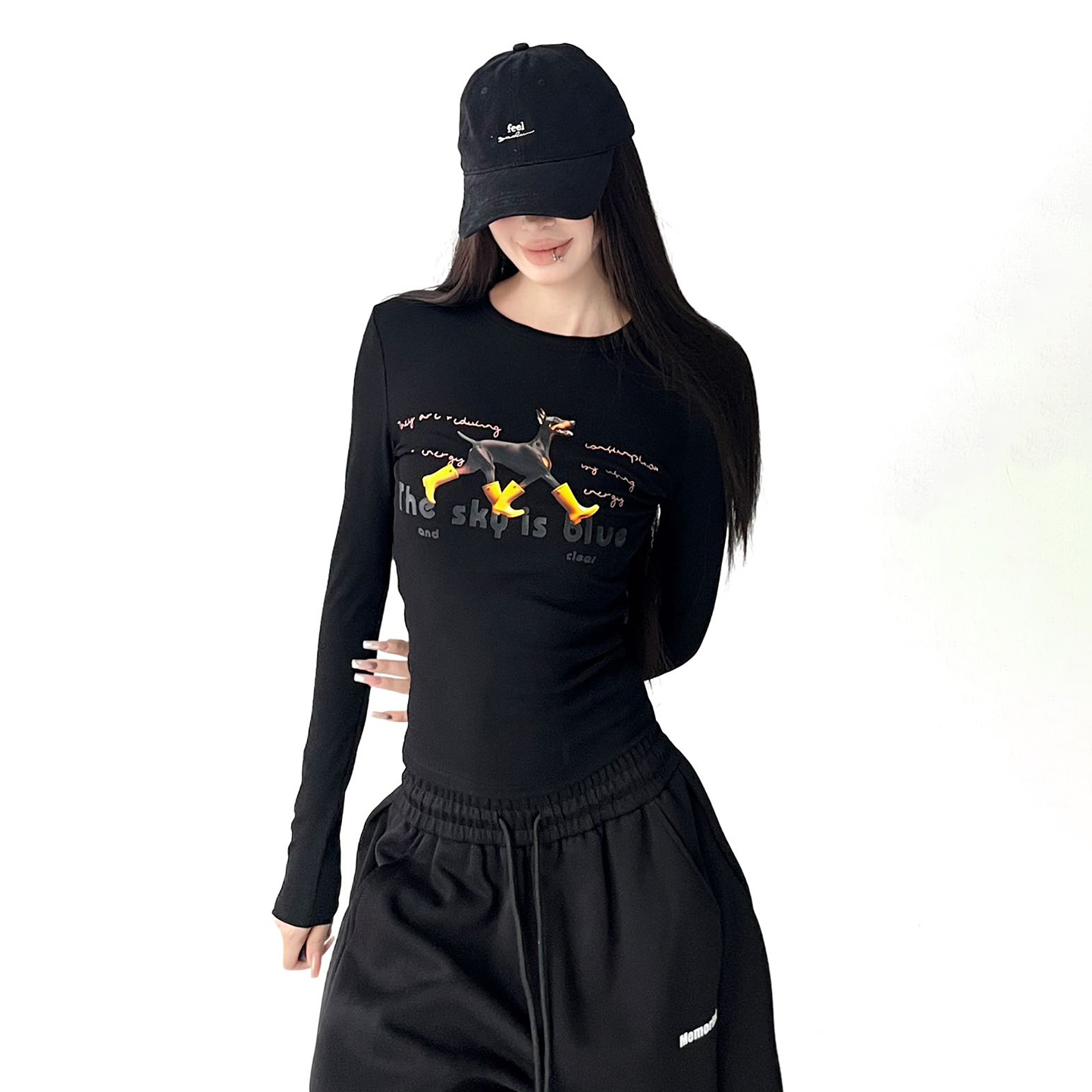 美式复古潮牌狗狗印花长袖T恤女2025冬季新款修身显瘦打底上衣