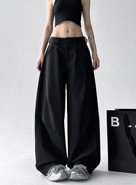 美式复古通勤百搭黑色直筒阔腿西裤女2025宽松直筒高级感休闲裤