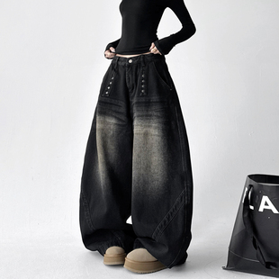 黑色弯刀牛仔裤女冬季新款美式复古宽松镰刀裤子加绒直筒阔腿裤子