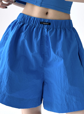 蓝色短裤女2025新款夏季高a字显瘦高个子爆款热裤阔腿休闲速干裤