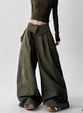 军绿色工装裤女2025春秋装新款宽松显瘦百搭学生别致阔腿休闲裤潮