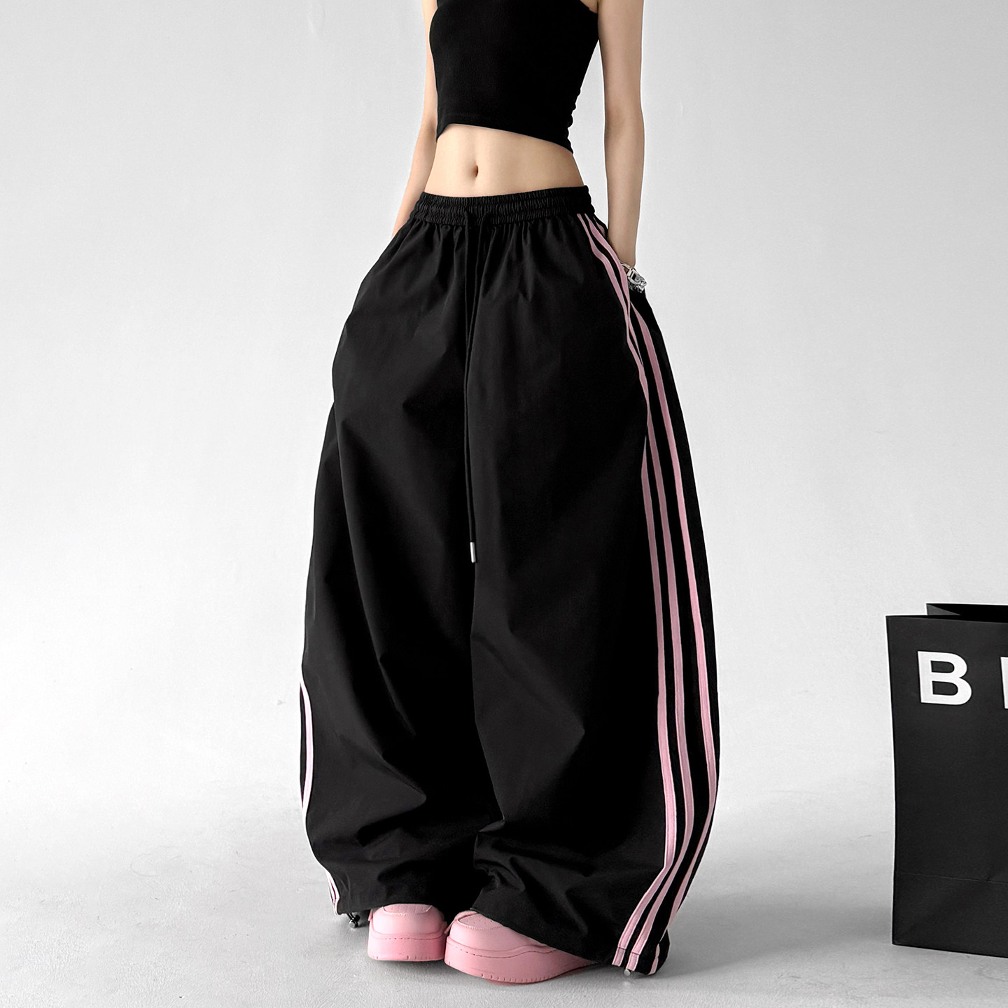 thumbnail for 2026 New Summer Street Casual Style Color-Block Striped Wide-Leg Pants for Women, Black Elastic Waist Loose Sports Pants