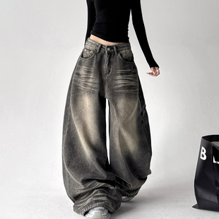 高腰宽松水洗显瘦拖地长裤 复古美式 新款 2025年冬季 阔腿辣妹牛仔裤