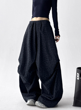 街舞黑色工装裤女2025冬季新款豹纹阔腿休闲裤抽绳松紧腰宽松裤