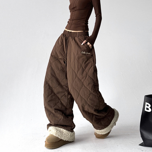 宽松百搭休闲长裤 复古高腰菱格纹棉裤 女加厚保暖阔腿裤
