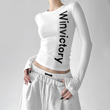 字母印花长袖T恤女装2025秋季美式设计感小众修身圆领紧身上衣
