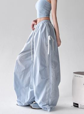 蓝色蝴蝶结工装裤女2025秋季新款薄款高腰垂感休闲运动速干阔腿裤