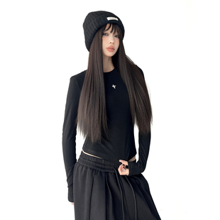 2025秋冬装新款黑色打底衫女内搭正肩加绒长袖t恤高个子修身上衣