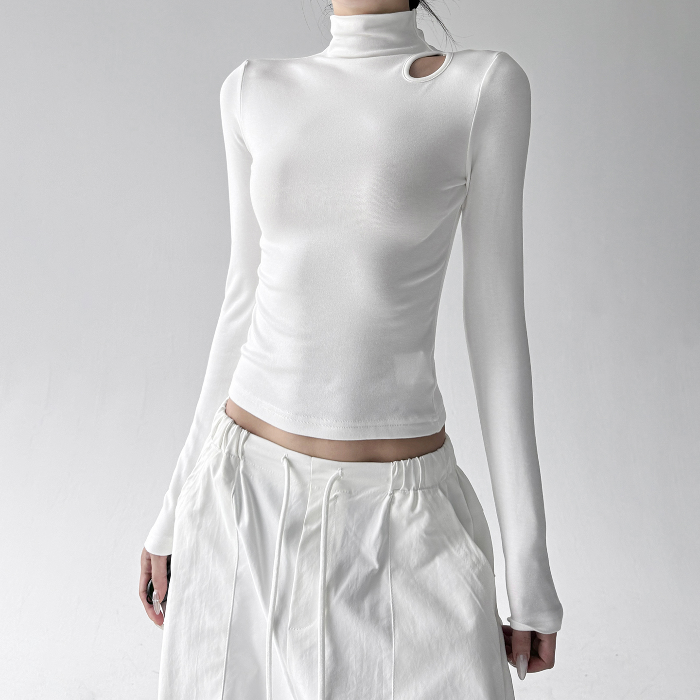 灰色加绒正肩长袖T恤女2025春秋冬修身显瘦内搭半高领打底衫上衣