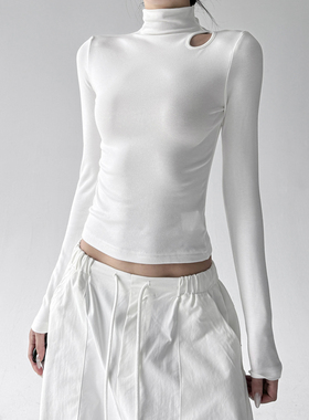 灰色加绒正肩长袖T恤女2025春秋冬修身显瘦内搭半高领打底衫上衣