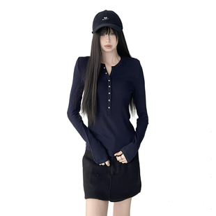 纽扣打底衫 T恤女修身 内搭上衣 老钱风亨利领长袖 2025秋冬新款