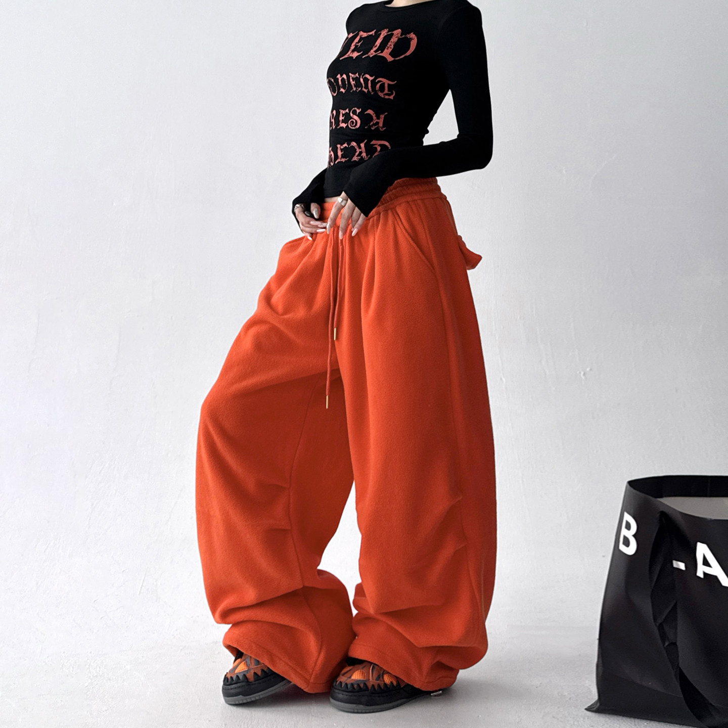 2025冬季新款亮色工装裤女抽绳摇粒绒休闲裤宽松舞高个子蹈阔腿裤,女装/女士精品,休闲裤,淘宝优惠券,粉丝福利购,淘宝优惠卷