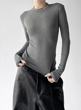 2025冬季新款灰色打底衫女高级感修身显瘦圆领长袖T恤女百搭上衣