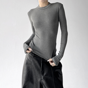 显瘦圆领长袖 2025冬季 女高级感修身 灰色打底衫 T恤女百搭上衣 新款