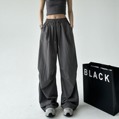 潮牌速干跳舞运动裤 灰色工装 新款 松紧高腰美式 裤 女夏2025春秋装