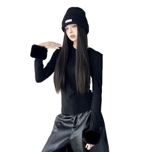 韩系拼接袖子打底衫女2025冬季新款黑色圆领T恤修身显瘦内搭上衣