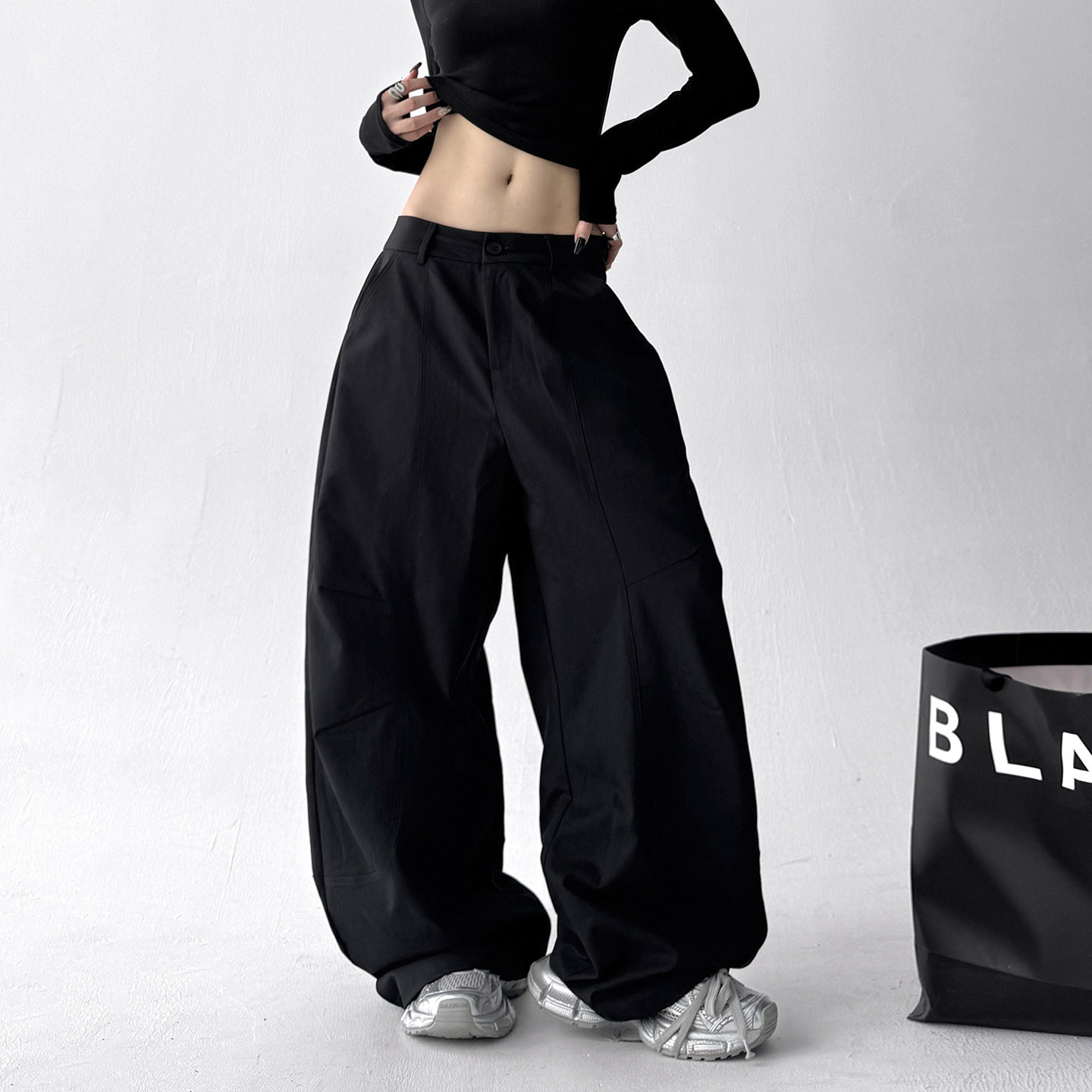 辣妹街舞宽松慵懒风黑色工装裤女2025秋装新款百搭廊高个子弯刀裤,女装/女士精品,休闲裤,淘宝优惠券,粉丝福利购,淘宝优惠卷