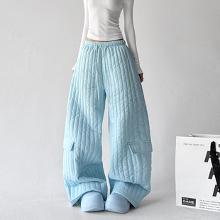 女2025冬装 夹棉裤 新款 休闲裤 子 超火韩版 绗缝保暖口袋直筒裤 工装