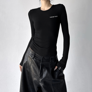 T恤女弹软糯高级感上衣加绒打底衫 黑色2025冬季 运动长袖 修身 新款