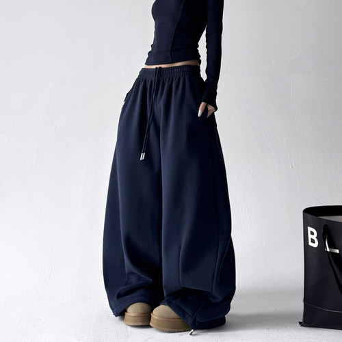 藏青色阔腿卫裤女2025冬季新款加绒加厚重磅休闲裤宽松百搭运动裤