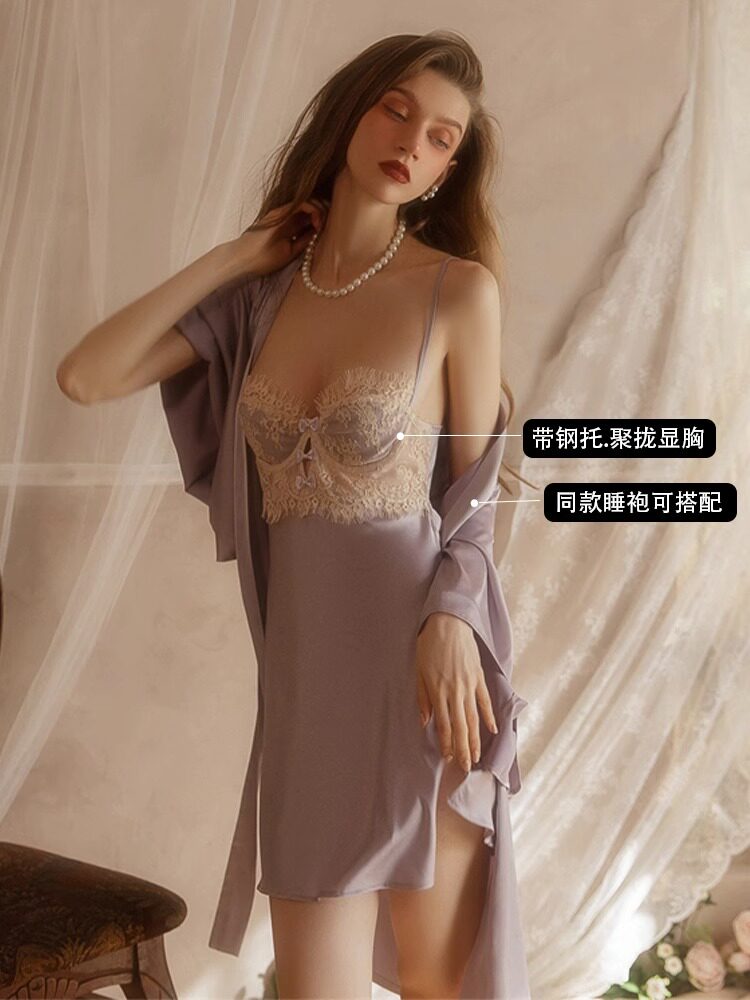 带钢圈睡衣女性感春秋款高级感纯色V领露背绝美新款火辣吊带睡裙