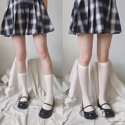 天鹅绒小腿过膝黑白色lolita袜子