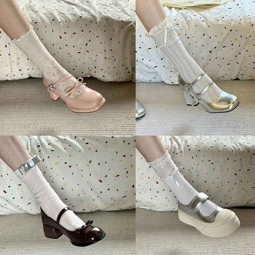 miu风蝴蝶结蕾丝袜子女春秋薄款