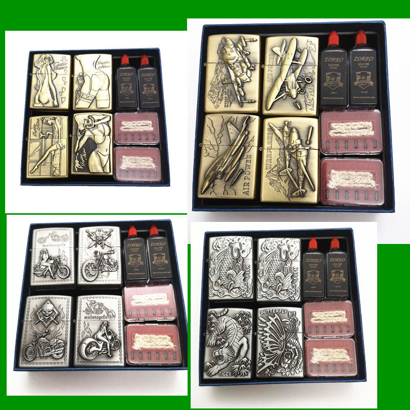 包邮建泰金属浮雕煤油打火机个性龙腾虎跃美女飞机四件套送配件
