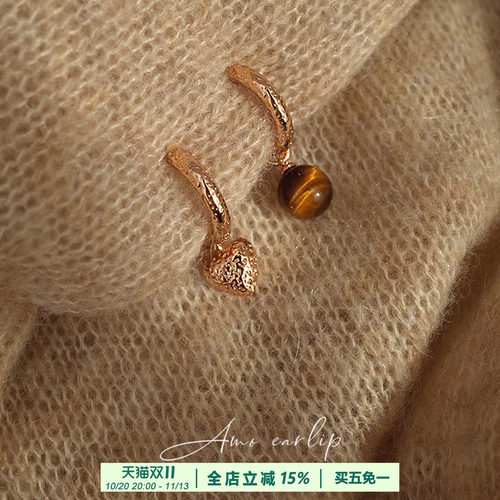 尼罗河畔不对称爱心虎眼石耳夹无耳洞女小众设计法式蚊香盘耳饰潮