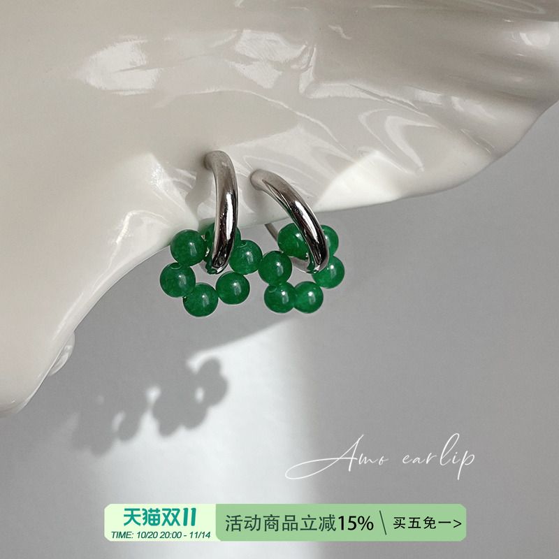 森屿天然绿色玉石硅胶耳夹高级感简约气质新中式银色无耳洞女耳饰