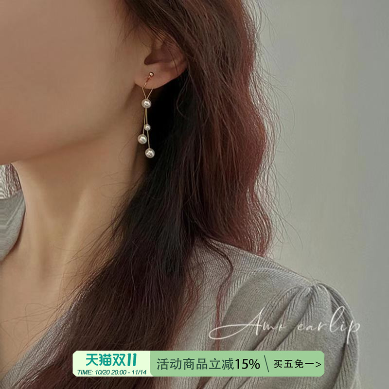 长款珍珠流苏无耳洞蚊香盘耳夹