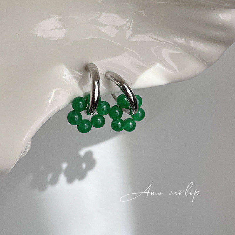 森屿天然绿色玉石硅胶耳夹高级感简约气质新中式银色无耳洞女耳饰