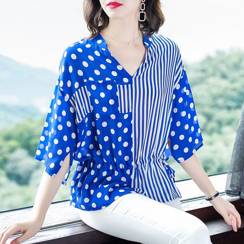 拼接波點條紋新款100%桑蠶絲襯衫女韓版收腰修身V領真絲上衣短袖在類目 女裝/女士精品, 襯衫中 - 來自Buy2taobao.com提供專業的淘寶代購服務