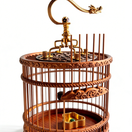 LC05蝈蝈笼草花梨实木蛐蛐笼子圆形徐一舟纯黄铜龙钩手工鸣虫用具