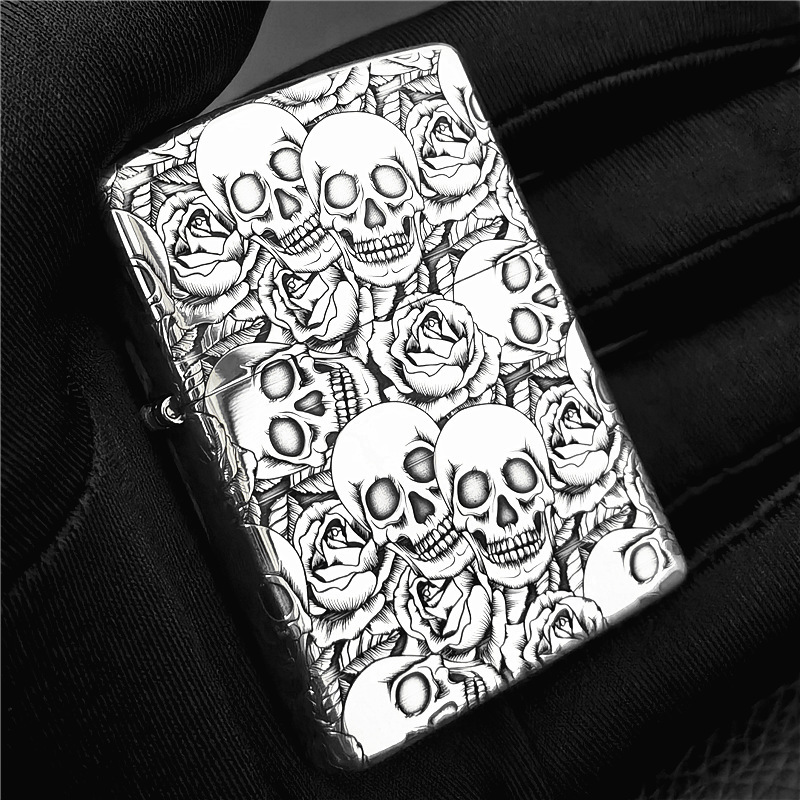 zippo正品纯银打火机精雕骷髅玫瑰原装正版diy定制刻字zp煤油zppo