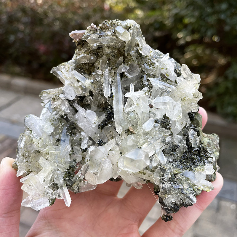 天然四川美姑水晶簇 绿帘石晶体共生 原石 小摆件 矿标石