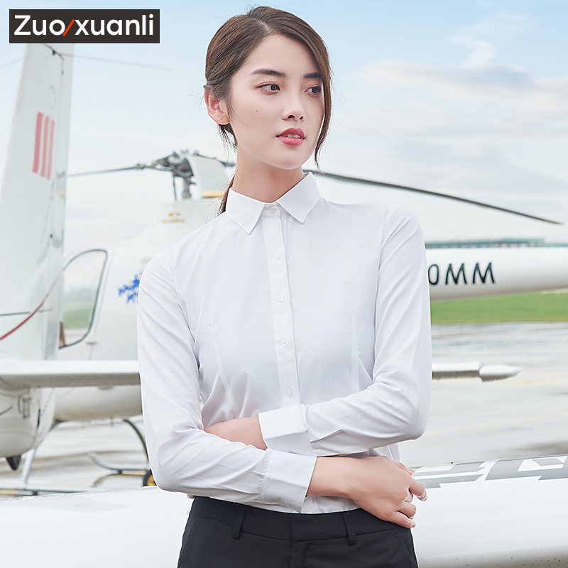 白衬衫女长袖职业气质正装2020春秋新款工作服工装修身蓝色衬衣女