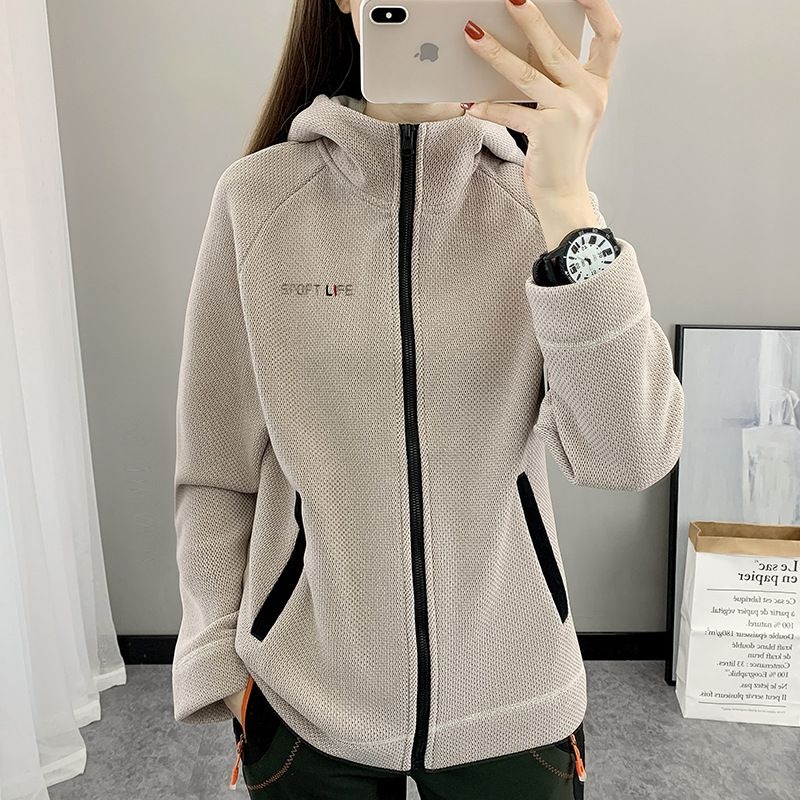 秋冬季抓绒衣女式开衫连帽加厚摇粒绒外套女加绒保暖运动卫衣潮牌