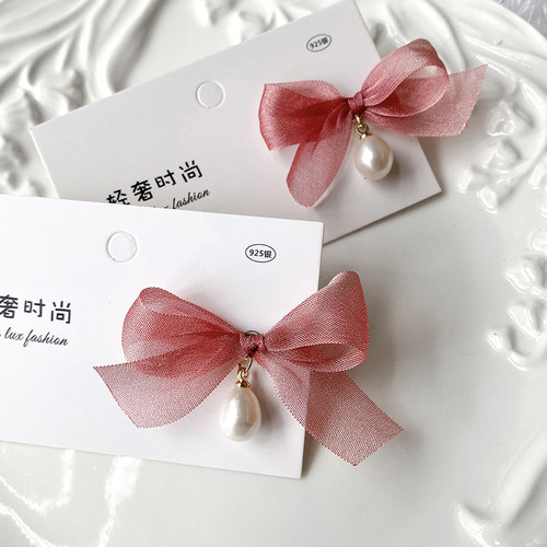 淡水珍珠蛋糕纱渐变丝带蝴蝶结耳环女简约甜美